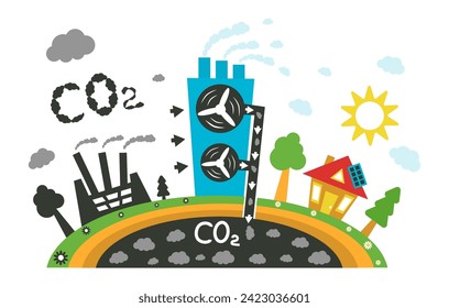 Anlagen zur Kohlenstoffabscheidung und -speicherung. Auf weißem Hintergrund. Vektorgrafik. SHOTLISTeco