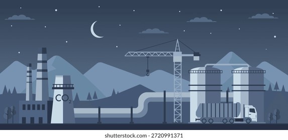 Instalación industrial de captura y almacenamiento de carbono con tubería de CO2, tanques de almacenamiento, camión de transporte y grúa de construcción, que muestra la tecnología climática y la reducción de emisiones por la noche