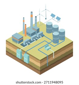 Carbon capture and storage infrastructure connected with wind turbines and solar panels for clean energy transition and climate change mitigation