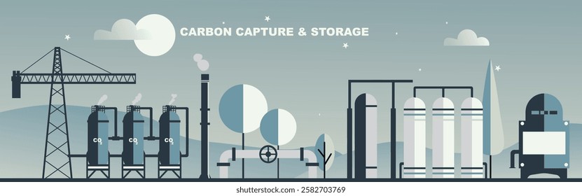 Carbon capture and storage process with industrial facilities, CO2 pipelines, storage tanks, and environmental technology, illustrating sustainable solutions for reducing greenhouse gas emissions.