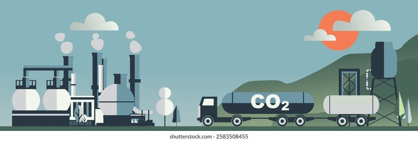 Carbon capture and storage process with an industrial factory, CO2 tanker truck, and storage facility, illustrating environmental technology for reducing greenhouse gas emissions and climate impact.