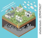 Carbon capture storage sequestration technology isometric composition with isolated view of factory facilities for capturing co2 vector illustration