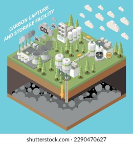 Carbon capture storage sequestration technology isometric composition with isolated view of factory facilities for capturing co2 vector illustration