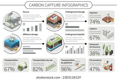 Carbon capture storage sequestration technology infographics with icons of offshore storage factory transportation methods and text vector illustration