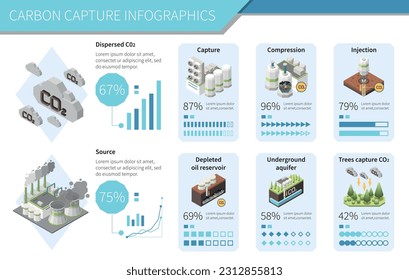 Infografiken zur Speichersequestrierungstechnologie der Kohlenstoffabscheidung mit CO2-Clouds-Reservoirbildern mit Textprozentsatz und Grafiken, Vektorgrafik