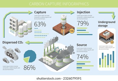 Carbon capture storage sequestration technology infographics with diagram of capturing injection and storage procedures with text vector illustration