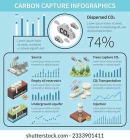 Carbon capture storage sequestration technology infographics with text captions and icons of capturing and injection technologies vector illustration