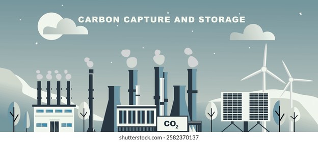 Carbon capture and storage technology with industrial factories emitting CO2, renewable energy sources like wind turbines and solar panels, and environmental conservation concept.