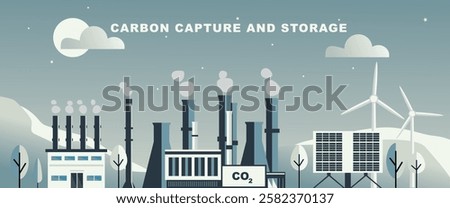 Carbon capture and storage technology with industrial factories emitting CO2, renewable energy sources like wind turbines and solar panels, and environmental conservation concept.