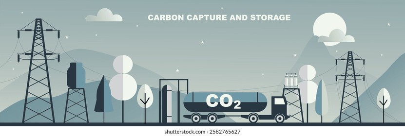 Carbon capture and storage transportation with a CO2 tanker truck, power lines, and industrial infrastructure, illustrating sustainable technology for reducing greenhouse gas emissions.