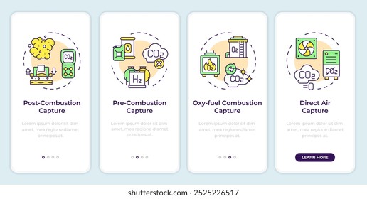 Carbon capture technologies onboarding mobile app screen. Walkthrough 4 steps editable graphic instructions with linear concepts. UI, UX, GUI template