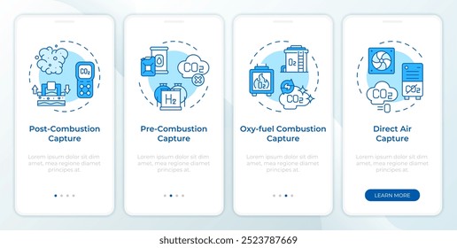 Carbon capture technology blue onboarding mobile app screen. Walkthrough 4 steps editable graphic instructions with linear concepts. UI, UX, GUI template