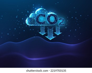 Carbon capture technology concept with Carbon dioxide cloud and absorbing surface in futuristic glowing polygonal style on dark blue background. Modern abstract connection design vector illustration