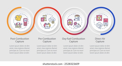 Tecnologia de captura de carbono exemplos infográficos círculos sequência. Adsorção, tecnologia. Layout de visualização com 4 etapas. Apresentação do processo de loop do gráfico de informações