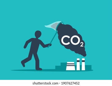 Carbon Capture Technology - net CO2 footprint development strategy. Vector illustration with metaphor - catching butterflies