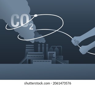 Carbon Capture Technology - net CO2 footprint development strategy. Vector illustration with metaphor - lasso catching of harmful smoke