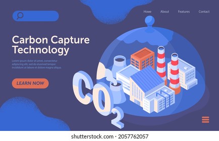 Carbon capture technology research. CO2 footprint neutralize development. Domed glass dish catching factory smoke. Website, web page, landing page template. Isometric cartoon vector illustration
