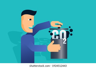 Carbon Capture Technology research - net CO2 footprint neutralize development strategy. Vector illustration with metaphor - person catching harmful cloud in cooking pot