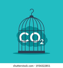 Carbon Capture Technology research - net CO2 footprint neutralize development strategy. Vector illustration with metaphor - cloud in birdcage