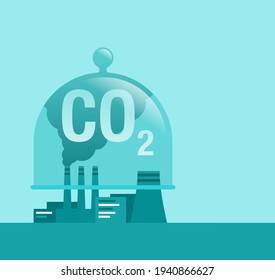 Carbon Capture Technology research - net CO2 footprint neutralize development strategy. Vector illustration with metaphor - domed glass dish catching harmful cloud