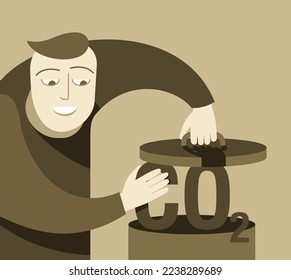 Carbon Capture Technology research - net CO2 footprint neutralize development strategy. Vector illustration with metaphor - person catching gas in thrash bin