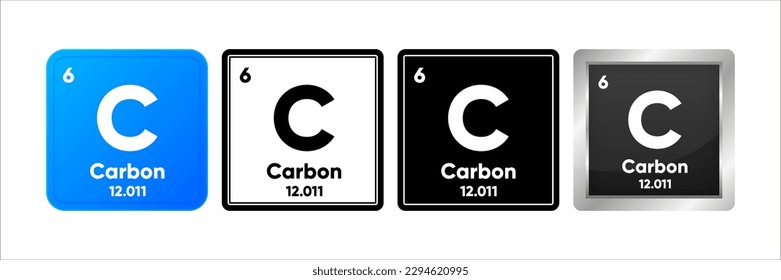 Carbon chemical element with 6 atomic number, atomic mass and electronegativity values. Periodic table concept. Logo in four design. Simple black, realistic and color logo. Vector illustration.