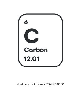 Elemento químico de carbono con primera energía de ionización, masa atómica y valores de electrónica, icono negro simple con sombra. Ilustración del vector