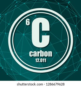 Carbon chemical element. Sign with atomic number and atomic weight. Chemical element of periodic table. Molecule And Communication Background. Connected lines with dots.