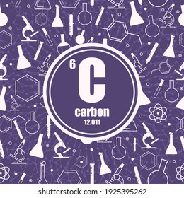 Elemento químico de carbono. Firma con número atómico y peso atómico. Elemento químico del cuadro periódico. Líneas conectadas con puntos. Círculo con iconos.