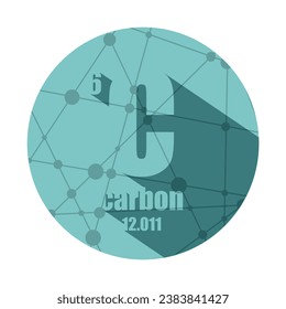 Carbon chemical element. Sign with atomic number and atomic weight with long shadows. Chemical element of periodic table. Molecule and communication background. Connected lines with dots.