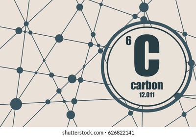 Carbon chemical element. Sign with atomic number and atomic weight. Chemical element of periodic table. Molecule And Communication Background. Connected lines with dots.