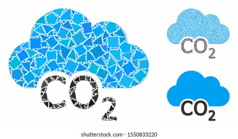 Carbon cloud mosaic of rugged items in variable sizes and color hues, based on carbon cloud icon. Vector trembly items are combined into mosaic. Carbon cloud icons collage with dotted pattern.
