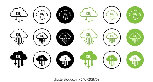 carbon cloud vector icon set. reduce co2 pollution sign in black and green color