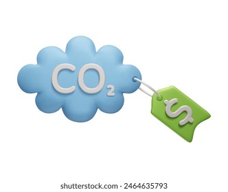 Carbon credit 3D vector illustration concept art. CO2 greenhouse gas cloud with dollar price tag isolated on white. 3D CO2 emission reduction, zero carbon footprint, net zero carbon offset by 2050.