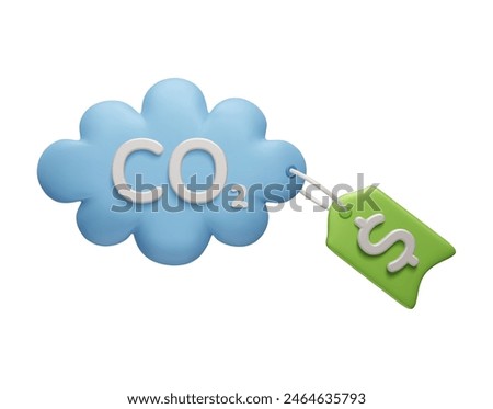 Carbon credit 3D vector illustration concept art. CO2 greenhouse gas cloud with dollar price tag isolated on white. 3D CO2 emission reduction, zero carbon footprint, net zero carbon offset by 2050.