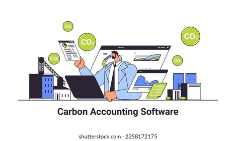 carbon credit accounting software businessman analyzing statistic data graphs responsibility of co2 emission environment strategy