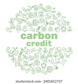 Carbon credit circle green banner. Carbon neutral concept. wind turbine, bicycle,light bulb, carbon footprint, ocean cleanup, co2 molecule, recycling, public transportation, green factory. Vector.
