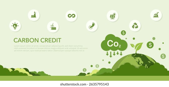 Carbon credit Concept. about the amount of Limit greenhouse gases for the environment and reducing carbon dioxide emissions in various industrial sectors. Green vector illustration.
