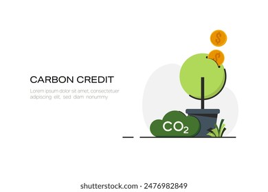 Carbon Credit concept. Sustainable development to reduce CO2 emissions impact. Carbon management concept. Flat Vector illustration.