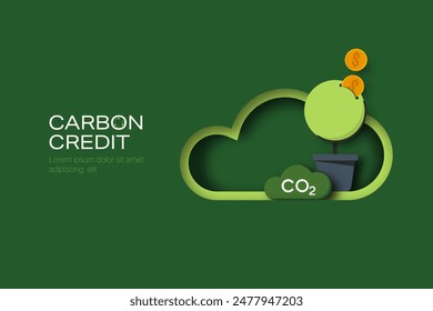 Carbon Credit concept. Sustainable development to reduce CO2 emissions impact. Carbon management concept. Paper Art Style. Minimal Vector illustration.