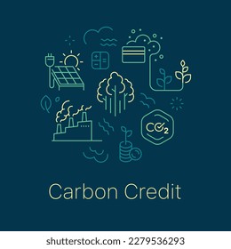 Carbon credit concept vector illustration. Line art style dark background design for Article, Web page, Banner, Poster, Print ad, etc.