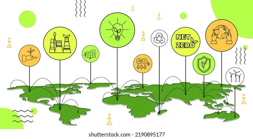 carbon credit concept zet zero icons on world map responsibility of co2 emission environmental conservation