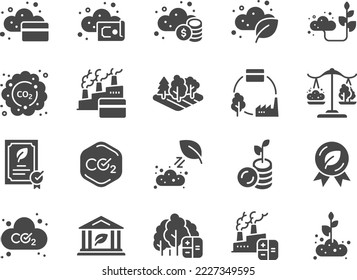 Carbon credit icon set. The icons included carbon offsets, pollution, eco, environment, carbon dioxide, and more.