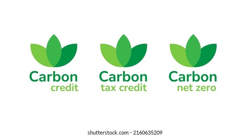 Carbon credit label banner icon set. CO2 emission reduction, zero carbon footprint, carbon tax credit concept. Green ecology environment plant leaf design element. Stop global warming, greenhouse gas.