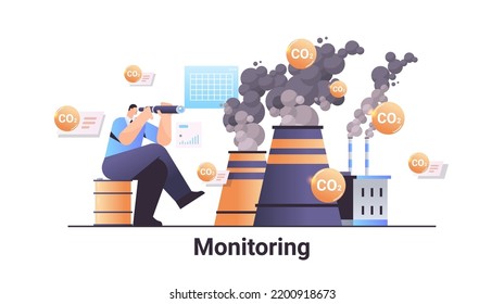 Carbon Credit Monitoring Concept Businessman Looking Through Binokular Responsibility Of Co2 Emission Environment Strategy