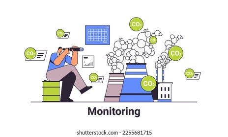 carbon credit monitoring concept businessman looking through binokular responsibility of co2 emission environment strategy