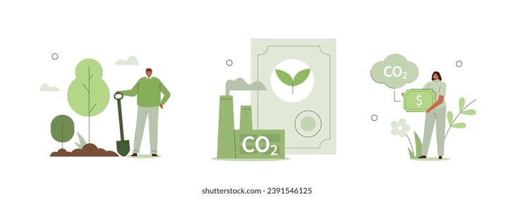 Carbon credit, offset, taxes concept set. Characters buying co2 certificate to reduce environmental impact, climate change. Environmental responsibility. Vector illustration isolated  