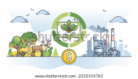 Carbon credit practice as emission permit trade for nature protection outline concept. Greenhouse gas footprint regulation and CO2 trading vector illustration. Emit pricing for dioxide balance control