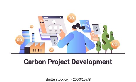 carbon credit project development concept businesswoman analyzing data responsibility of co2 emission environment strategy