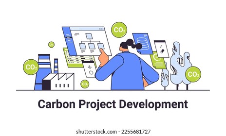 carbon credit project development concept businesswoman analyzing data responsibility of co2 emission environment strategy